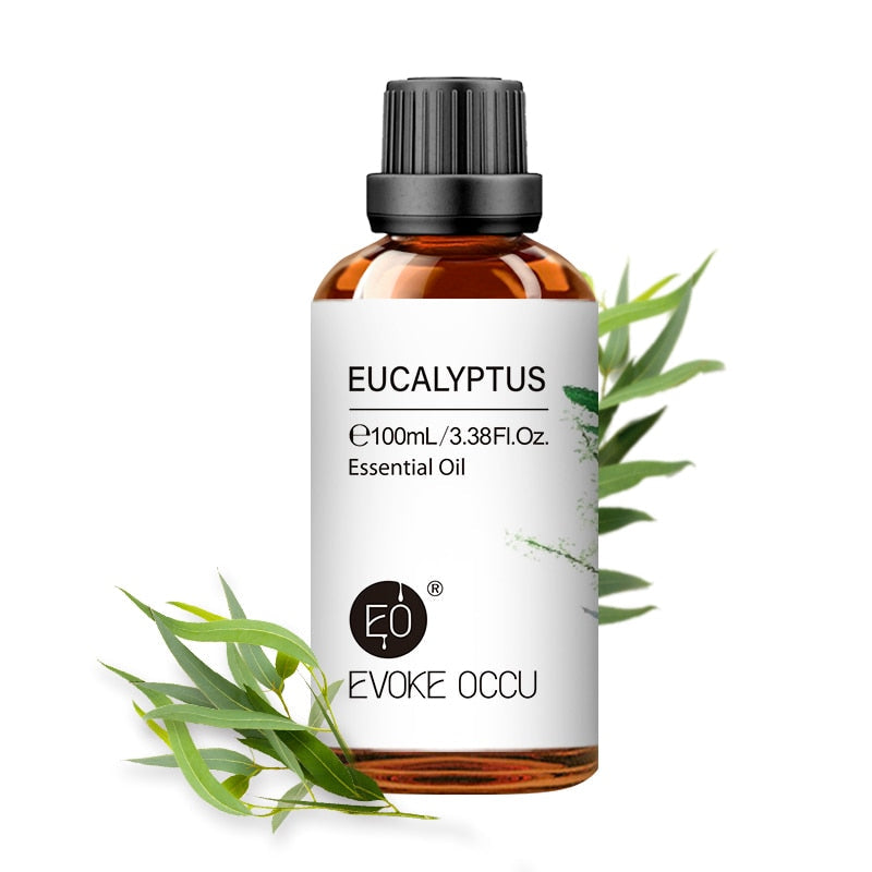 Eucalyptus essential oil bottle with leaves on a white background, featuring Evoke Occu branding.