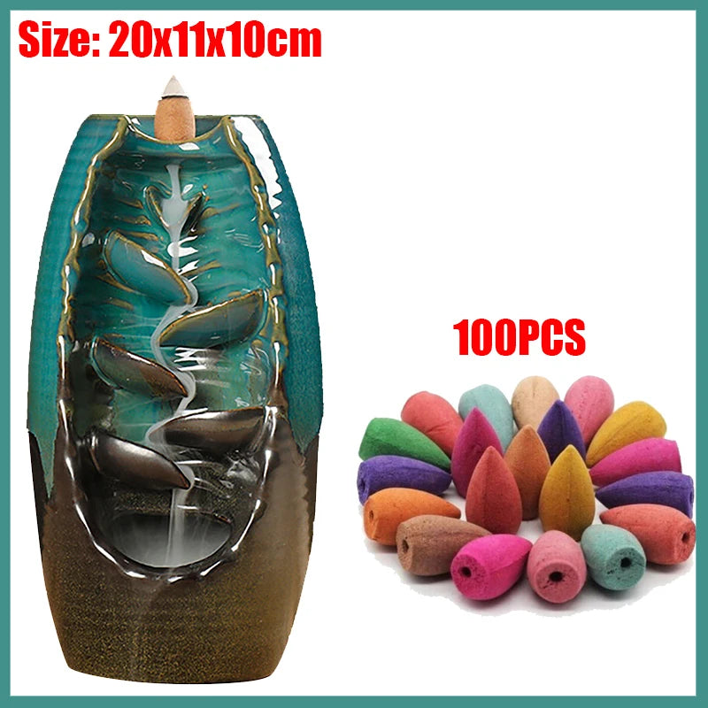 Incense burner with decorative elements and a pile of colorful incense cones on a white background.