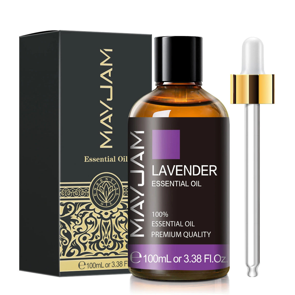 MayJam lavender essential oil bottle with dropper and packaging on a white background
