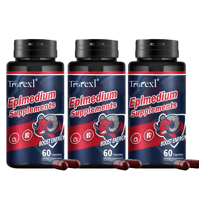 Three bottles of Troexl Epimedium Supplements on a white background