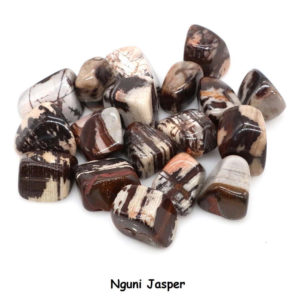 Collection of Nguni Jasper stones on a white background