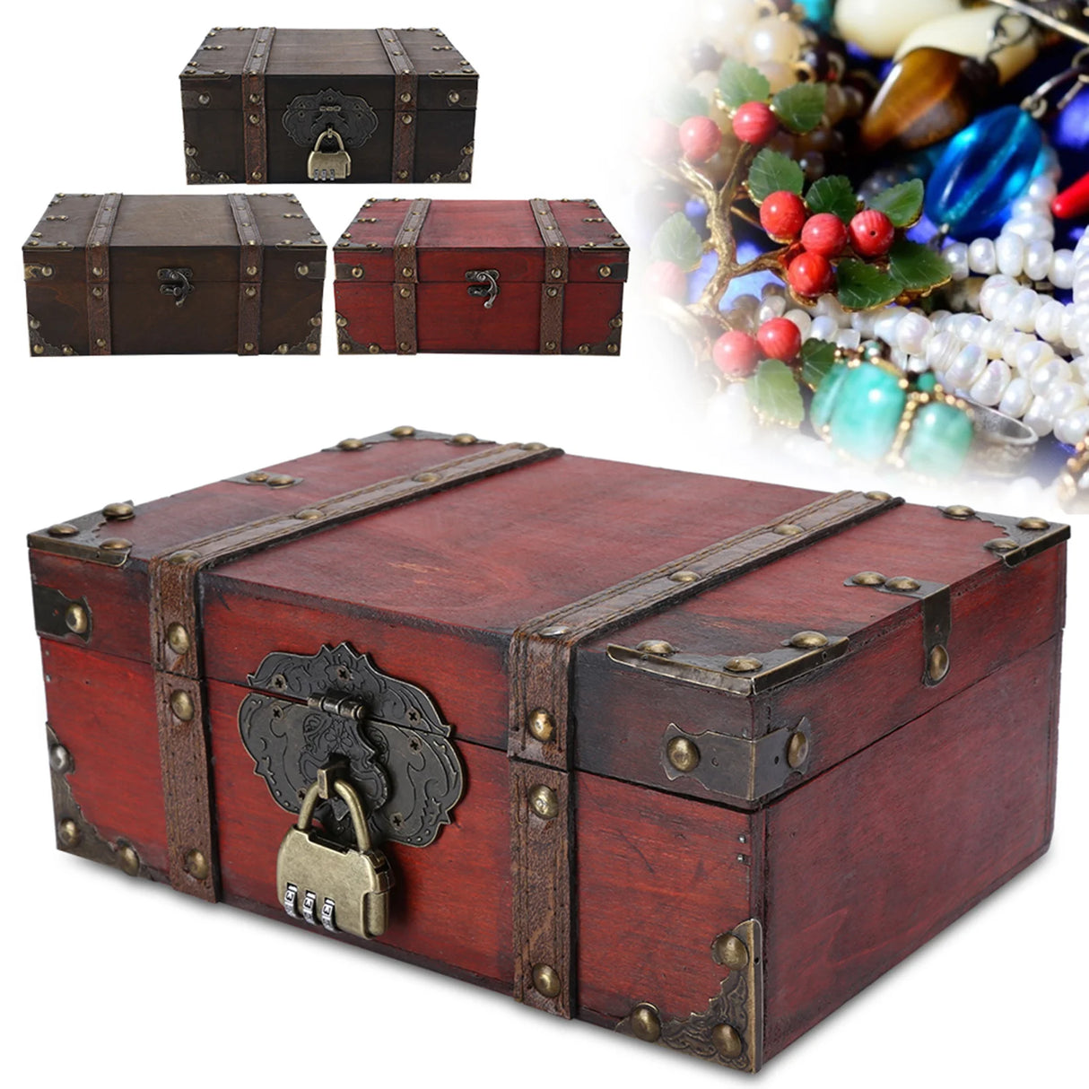 Wooden treasure chest with decorative elements on a white background