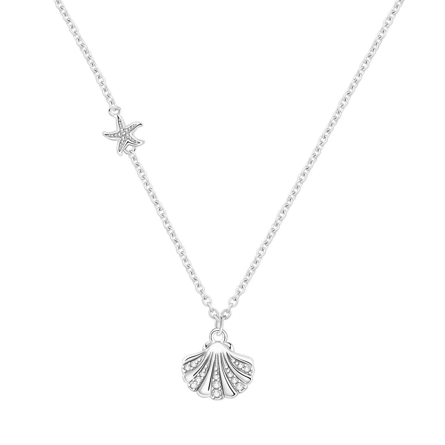 Silver necklace with a shell pendant and starfish charm on a white background