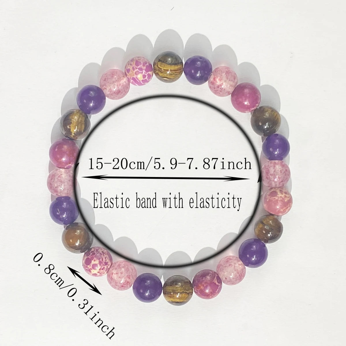 Multicolored beaded bracelet with measurement details on a white background