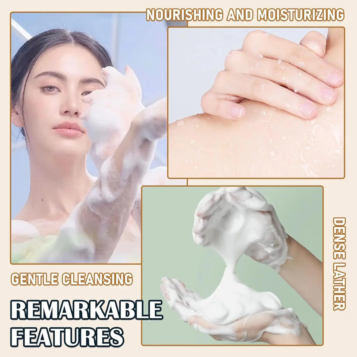 Product advertisement showing a person using a skincare product with close-ups of hands applying it.