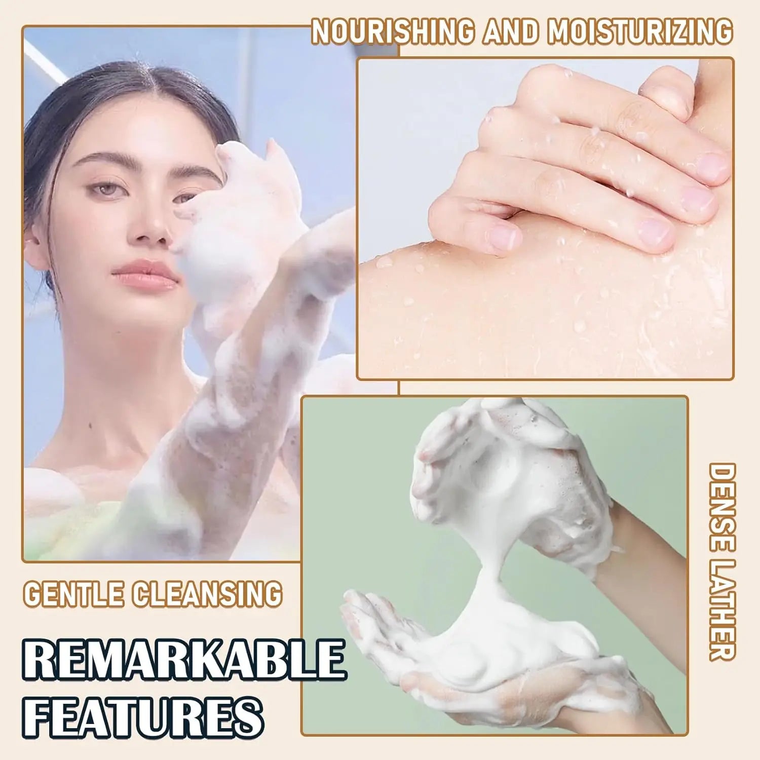 Product advertisement showing a person using a skincare product with close-ups of hands applying it.