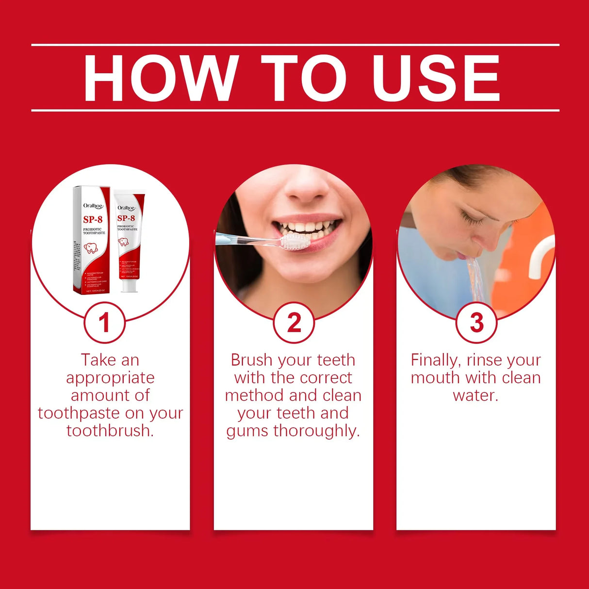 Instructions on how to use toothpaste and brush teeth with a red background