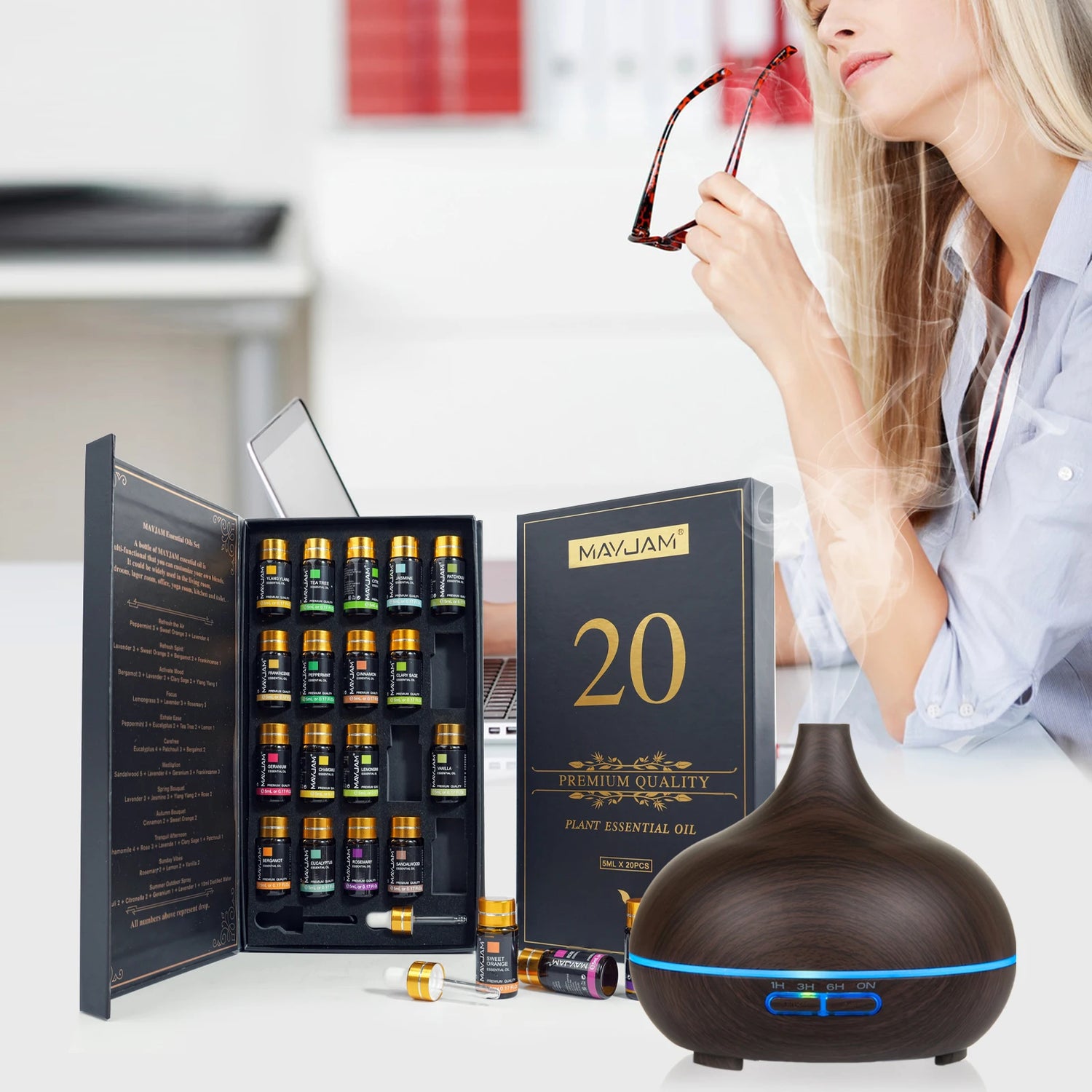 MayJam essential oils set with a diffuser on a table