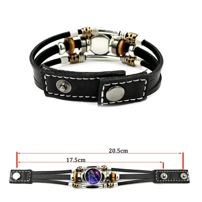 Black leather bracelet with decorative elements and measurements on a white background