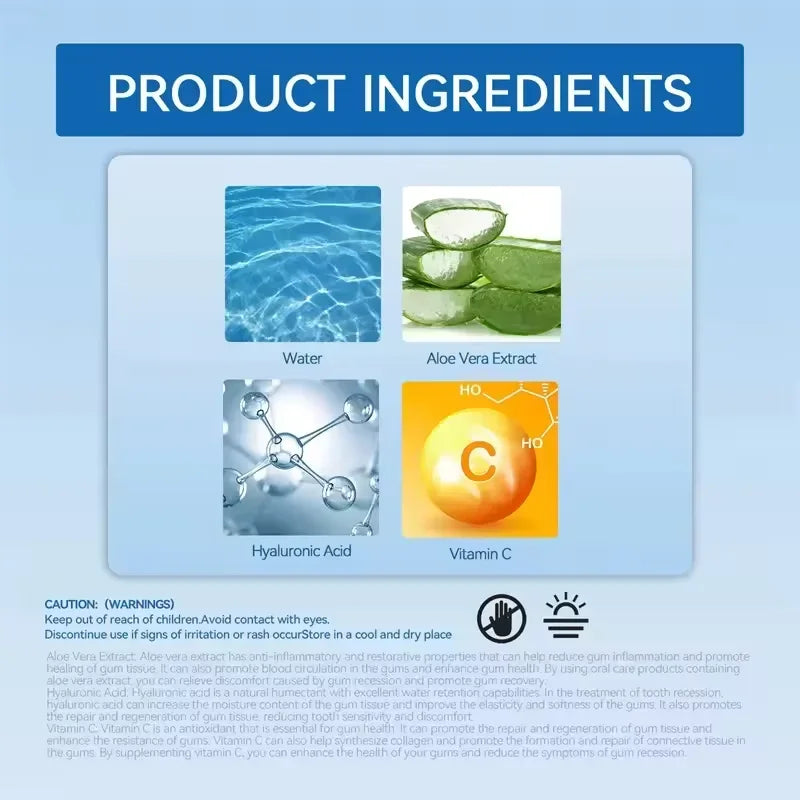 Product ingredients list with images of water, aloe vera extract, hyaluronic acid, and vitamin C on a blue background.