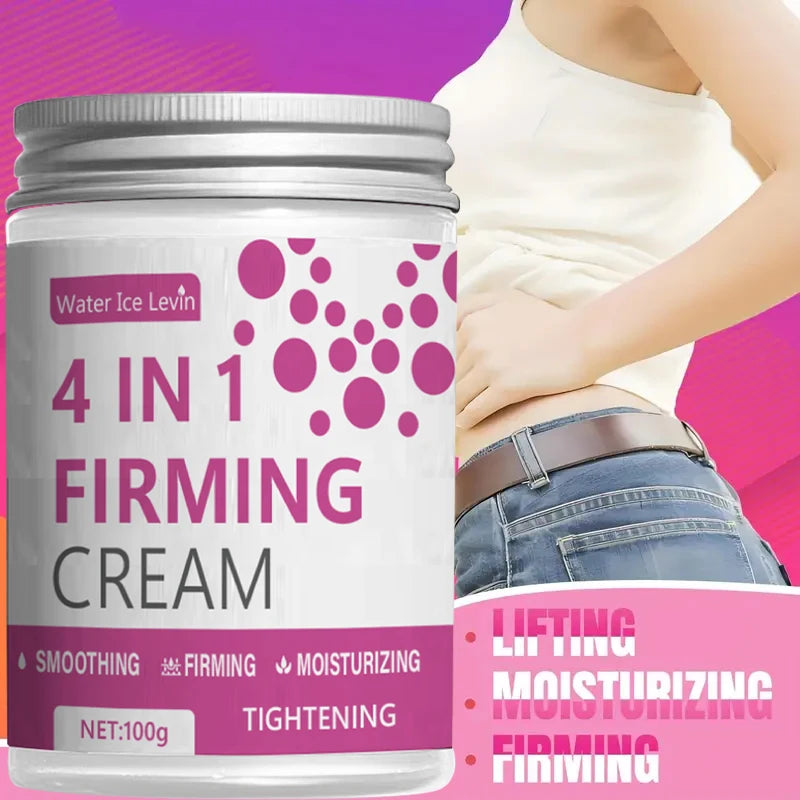 4-in-1 firming cream container with a person wearing jeans on a pink background