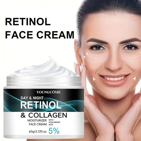 Retinol face cream jar with a woman applying it to her face