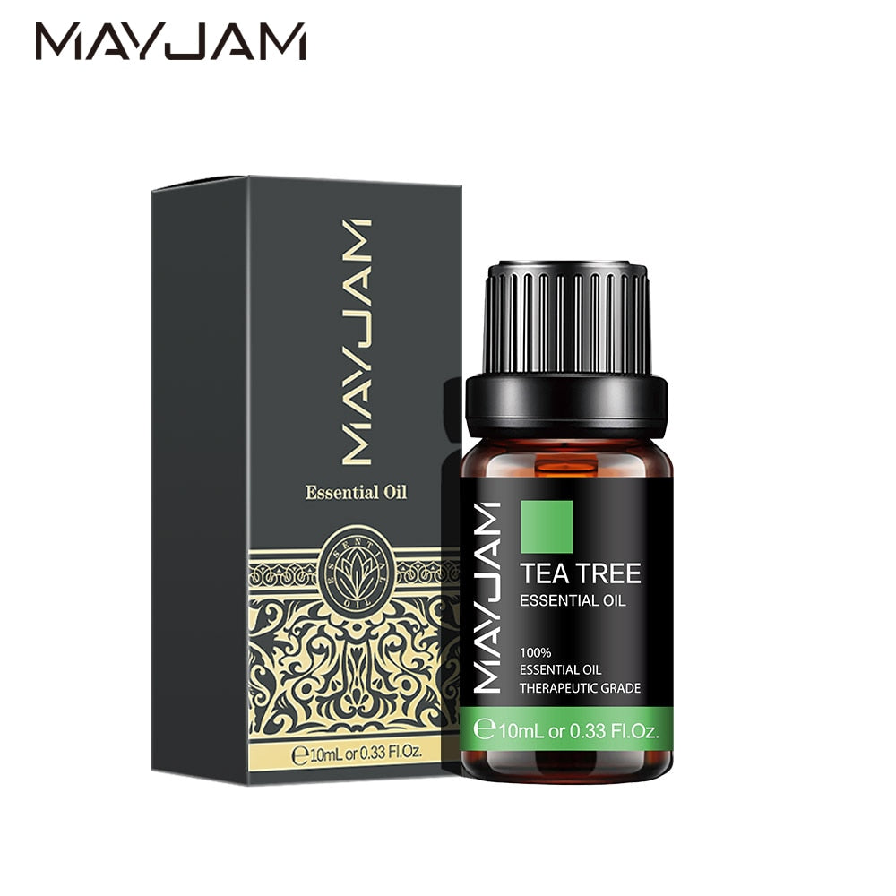 MayJam Tea Tree essential oil bottle and packaging on a white background