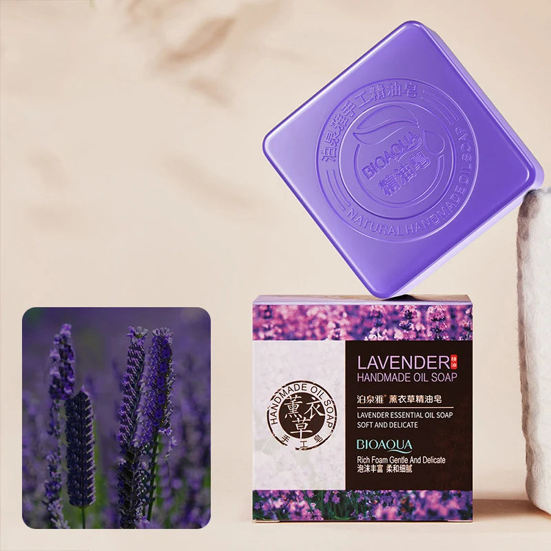 Lavender handmade oil soap with packaging on a beige background