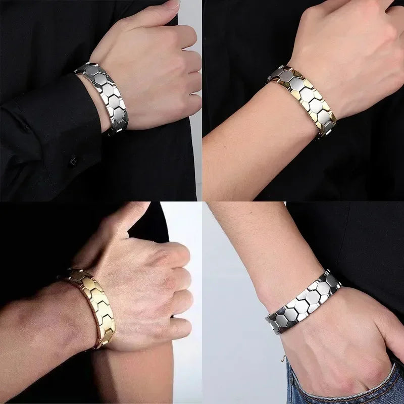 Hexagonal patterned bracelets on wrists against a black background