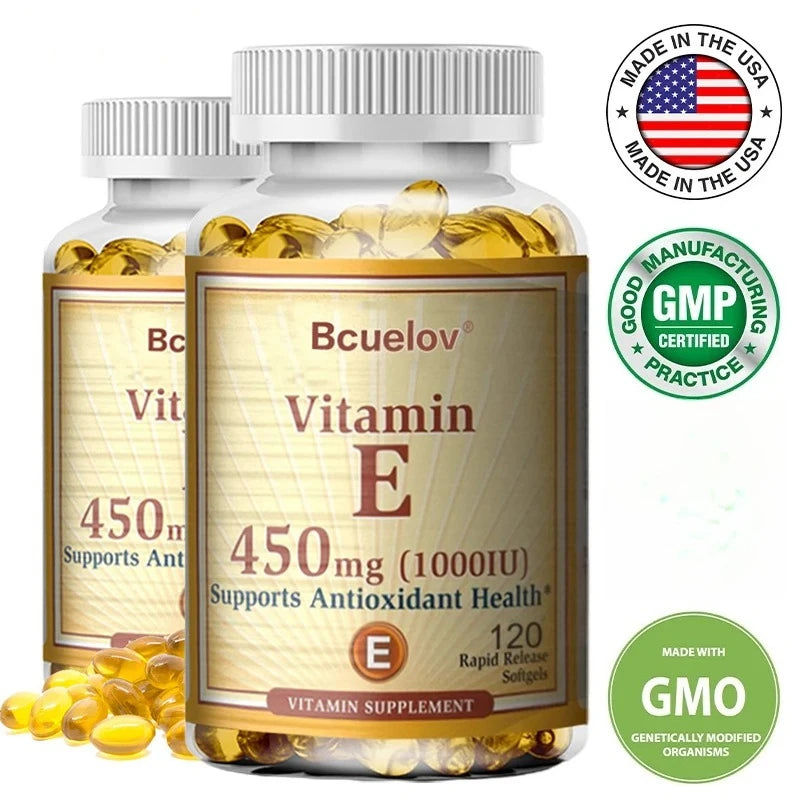 Bcuelov Vitamin E supplement bottle with capsules and certification logos on a white background