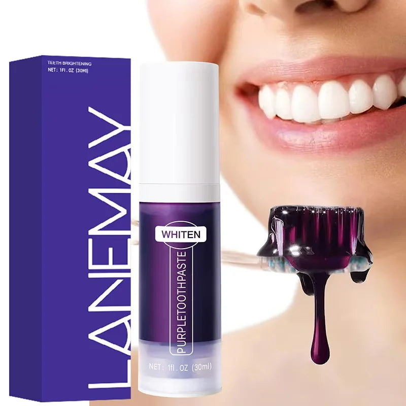 LANEMAX purple toothpaste with packaging and a close-up of a person using it.