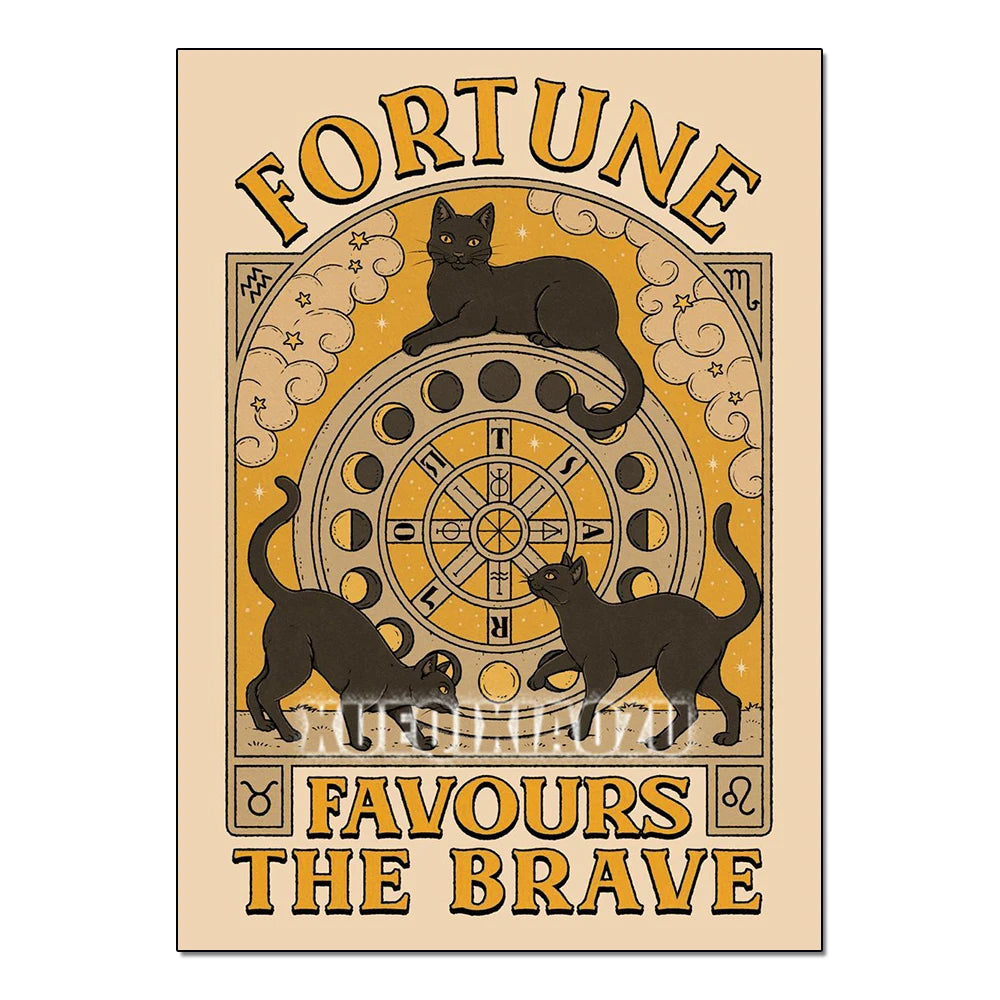 Decorative poster with cats and a wheel of fortune design, featuring the text 'Fortune Favours the Brave' on a beige background.