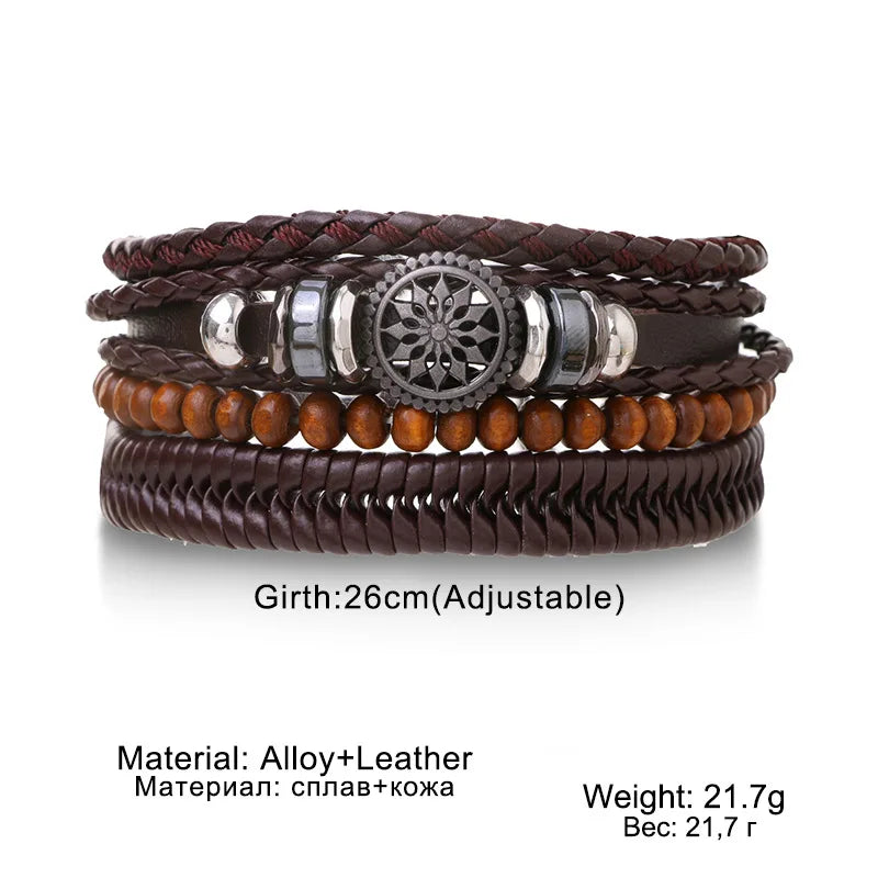 Multilayered bracelet with leather and alloy elements on a white background