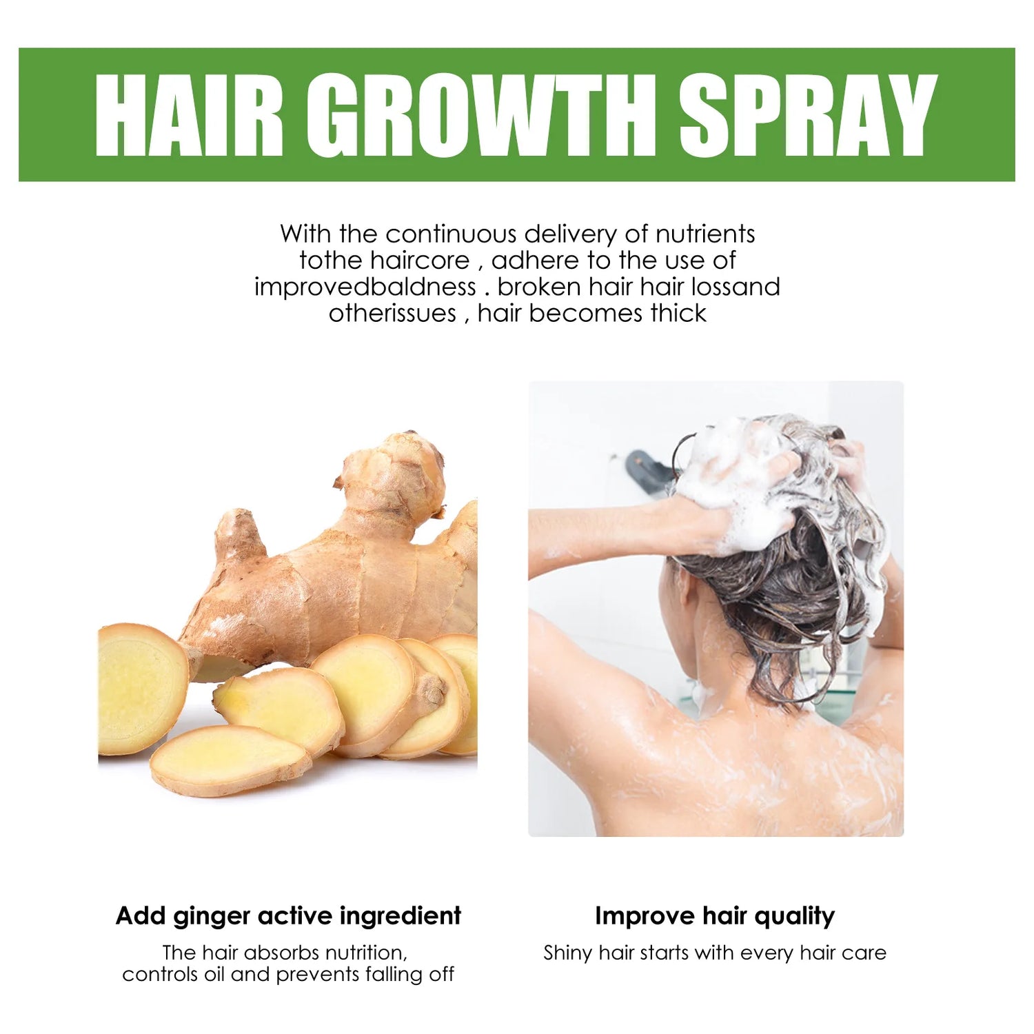 Advertisement for hair growth spray with ginger root and person washing hair, on a white background.