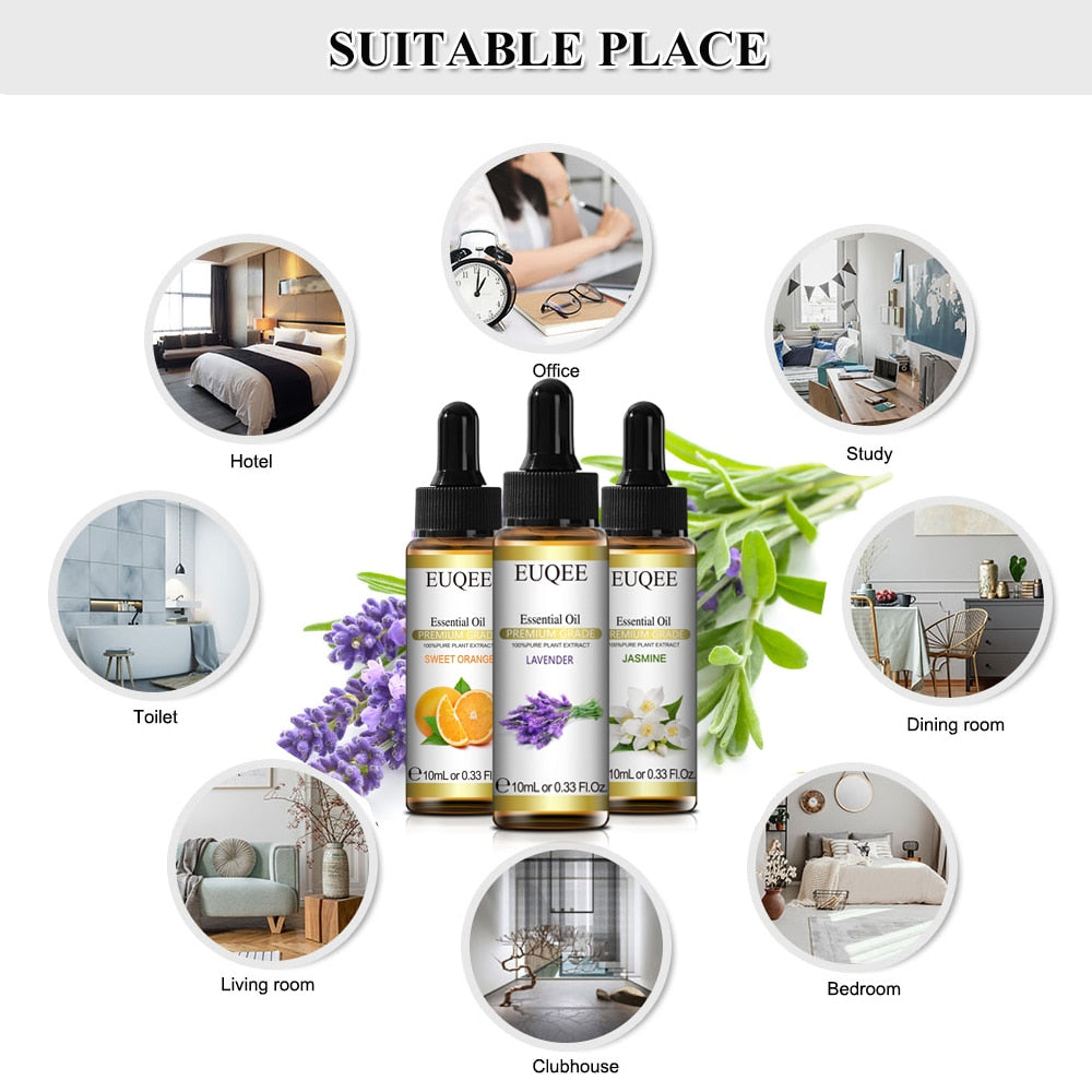EUQEE essential oil bottles with suggested usage scenarios on a white background