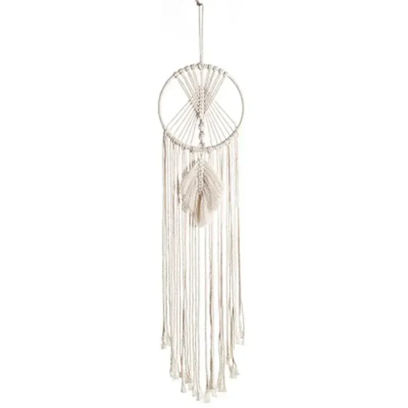 Dreamcatcher with feathers hanging against a white background