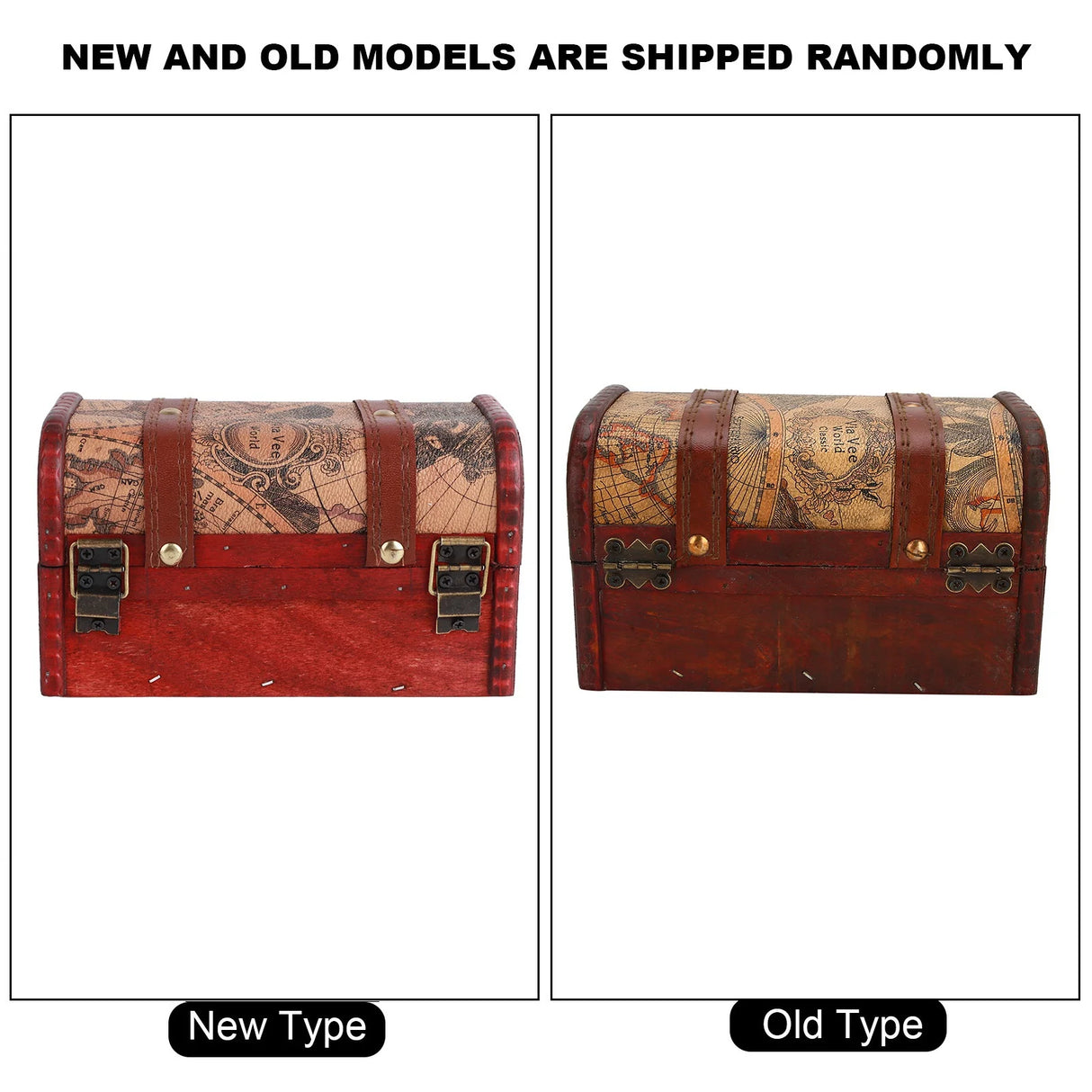 Two wooden treasure chests with world map design, labeled 'New Type' and 'Old Type'.