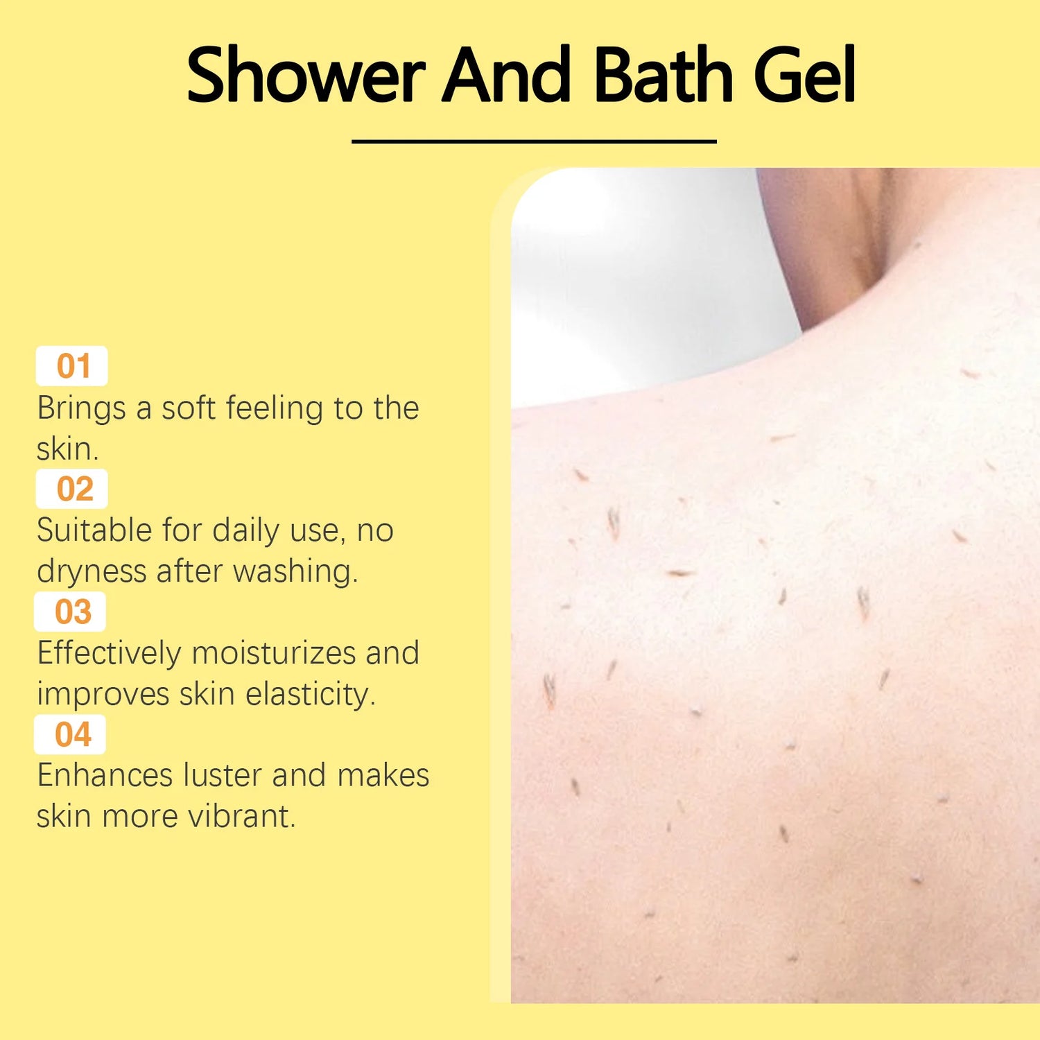 Product description for shower and bath gel with a close-up of skin and text on a yellow background.