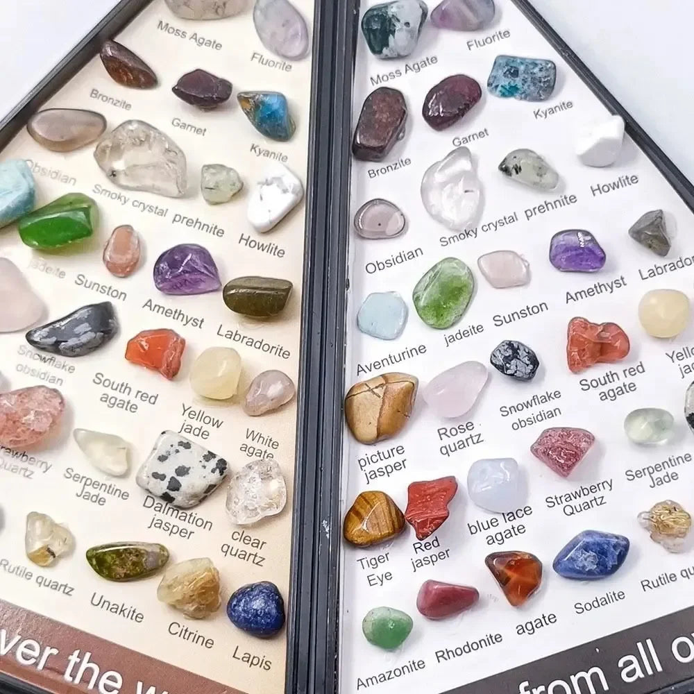 Two trays of various colored gemstones with labels on a white background