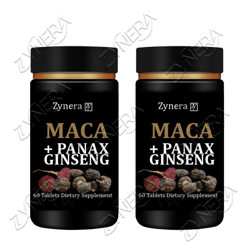 Two bottles of Zynera Maca + Panax Ginseng dietary supplements on a white background.