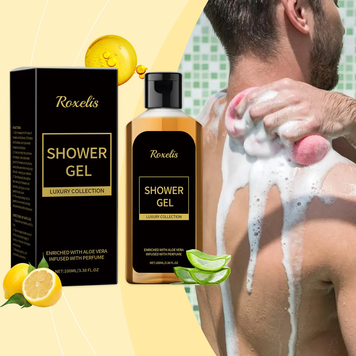 Roxelis shower gel packaging with a person using the gel and lemon slices on a yellow background.
