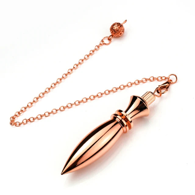 Rose gold dagger-shaped pendant on a chain against a white background