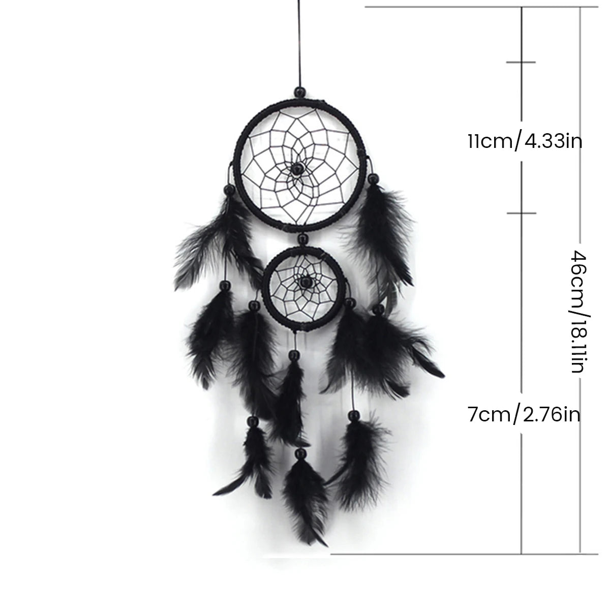 Black dreamcatcher with measurements on a white background