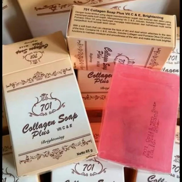 Collagen soap packaging with a pink bar of soap on a white background