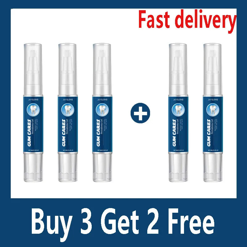 Six dental care product tubes with a plus sign and promotional text on a white background
