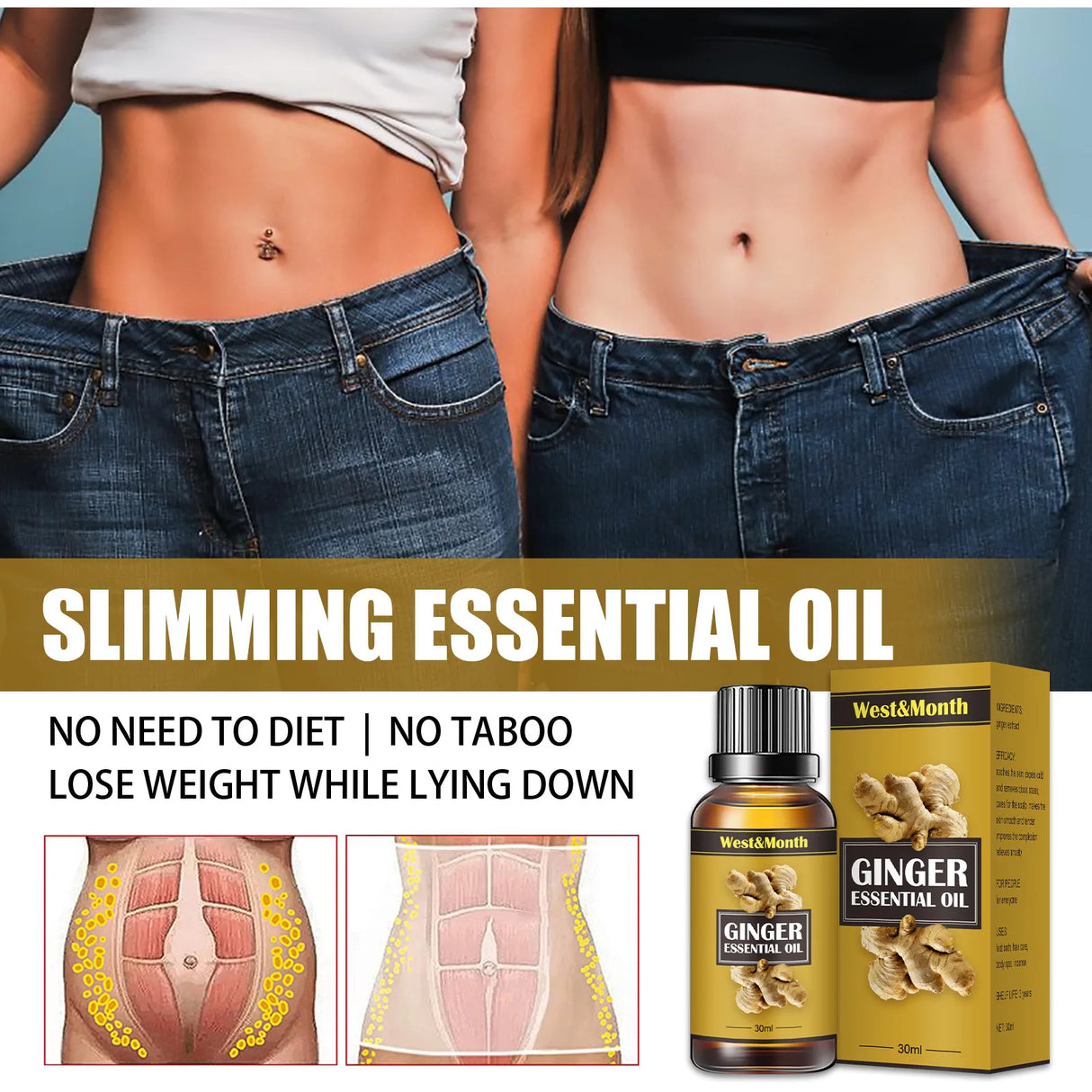 Advertisement for West&Month Ginger Essential Oil with before and after images of weight loss.
