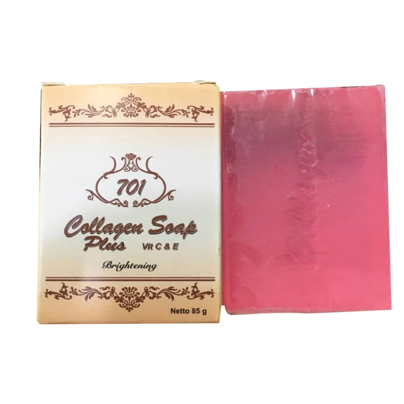 Pink collagen soap with packaging on a white background
