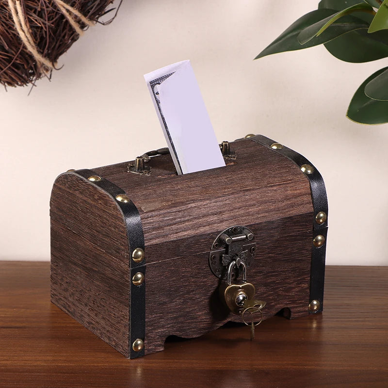 Wooden treasure chest with a lock on a wooden surface