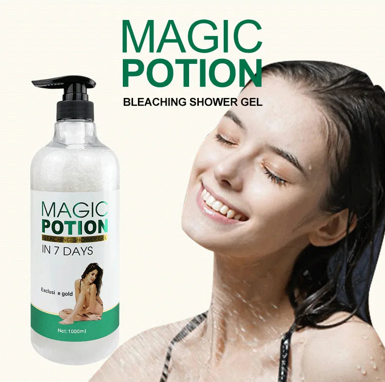Bottle of 'Magic Potion' bleaching shower gel with a woman smiling after use on a white background.