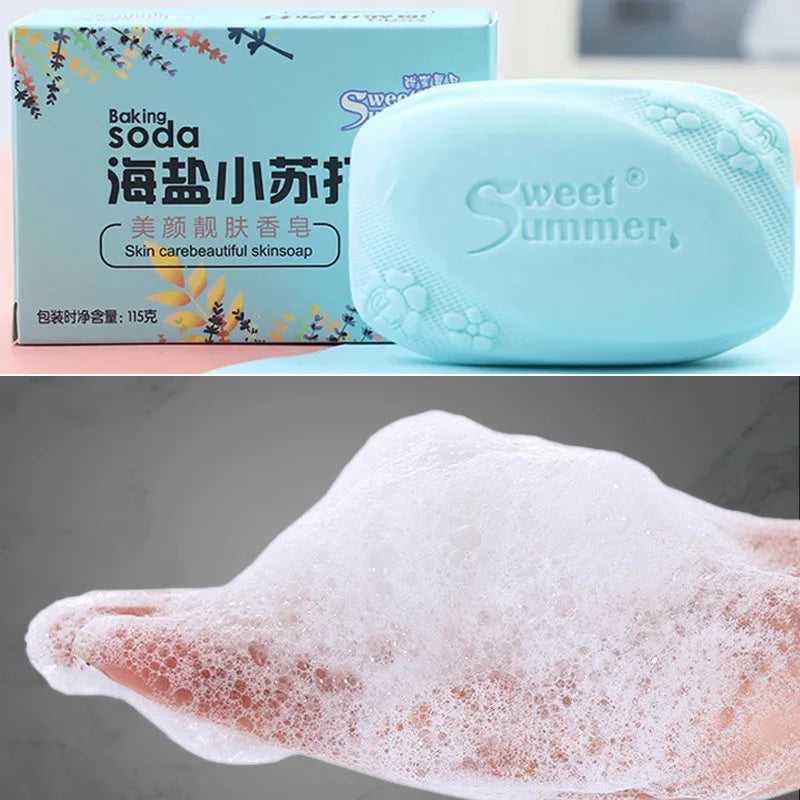 Blue soap bar with 'sweet Summer' branding and packaging in the background.