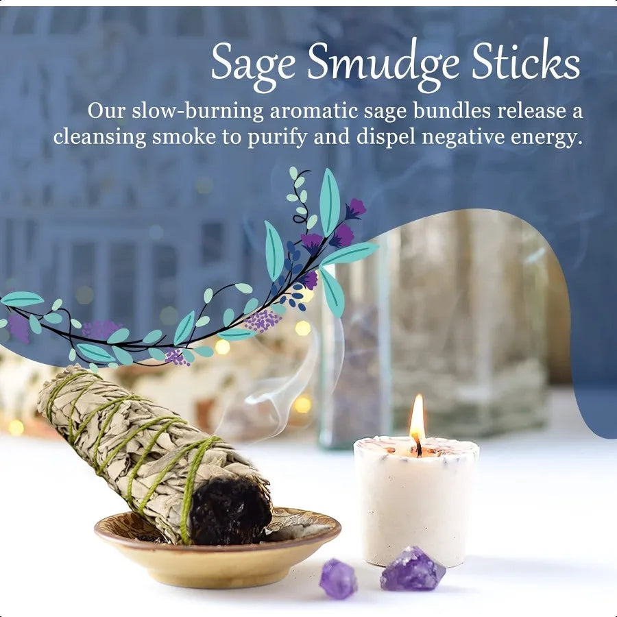 Sage smudge sticks with a candle on a table, with text about their use.