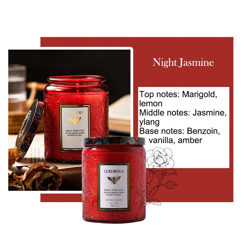 Red candle with 'Luxurious' branding and 'Night Jasmine' description on a white background.