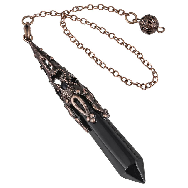 Decorative pendant with black crystal and bronze chain on a white background