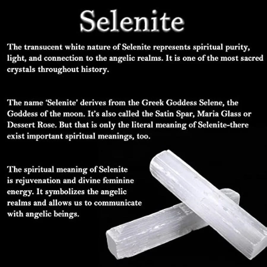 Selenite crystal with descriptive text on a black background