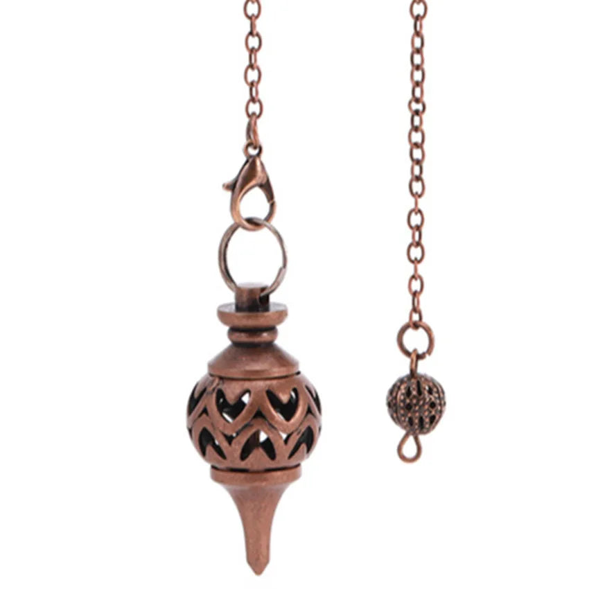 Copper hanging decorative item with chain on a white background