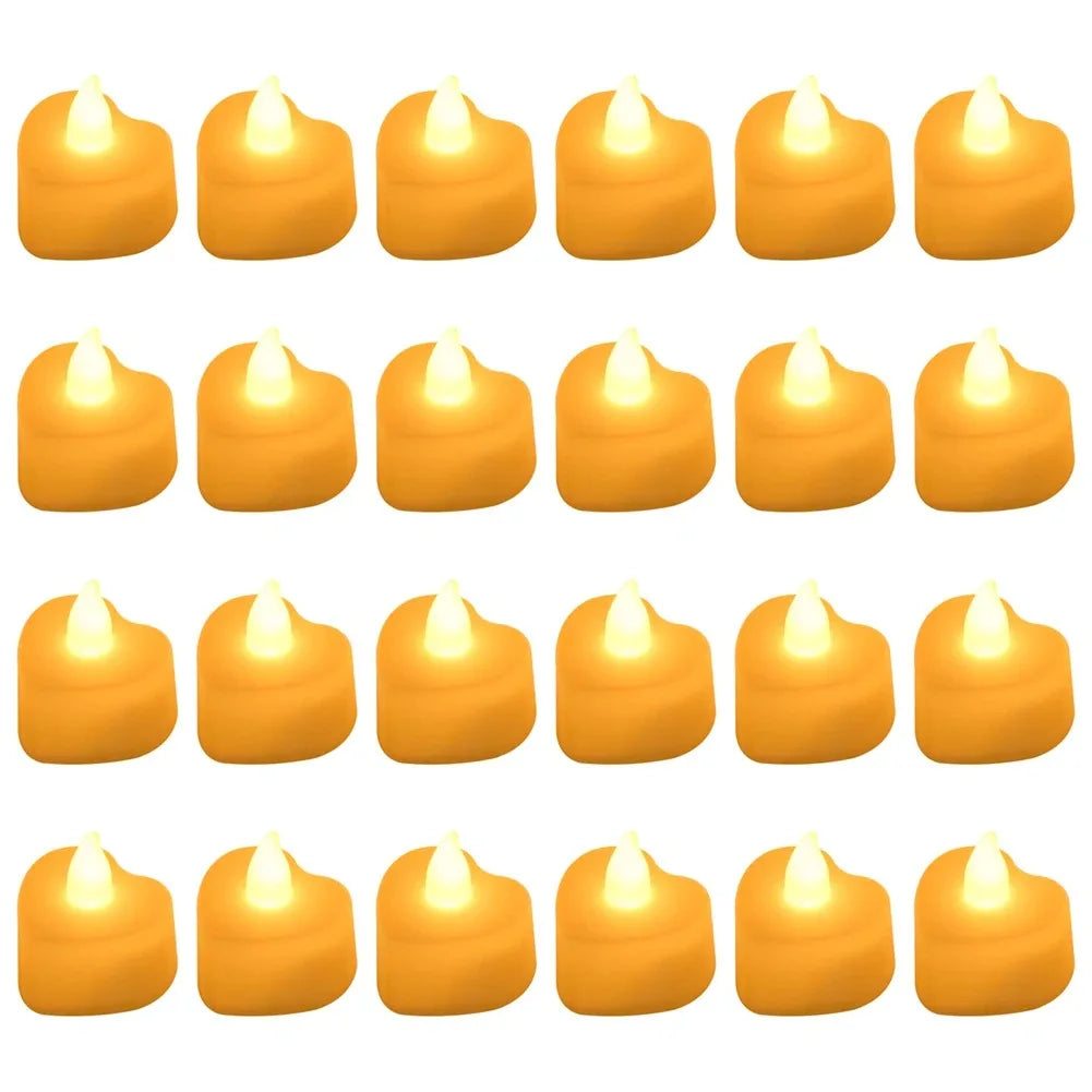 24 yellow LED candles on a white background