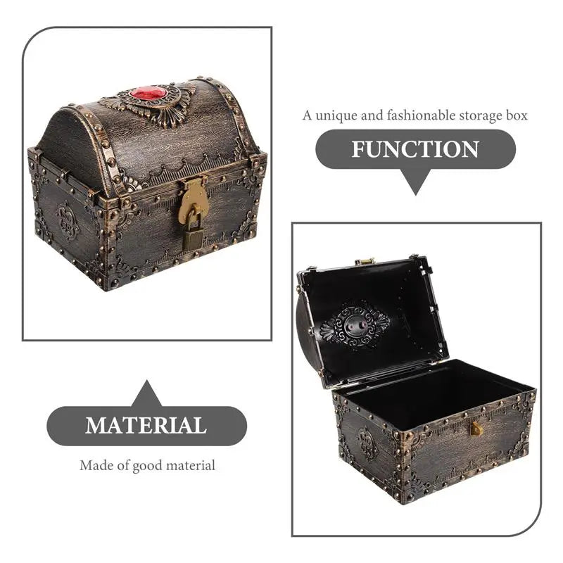 Decorative storage box with intricate designs and a red gemstone on a white background.