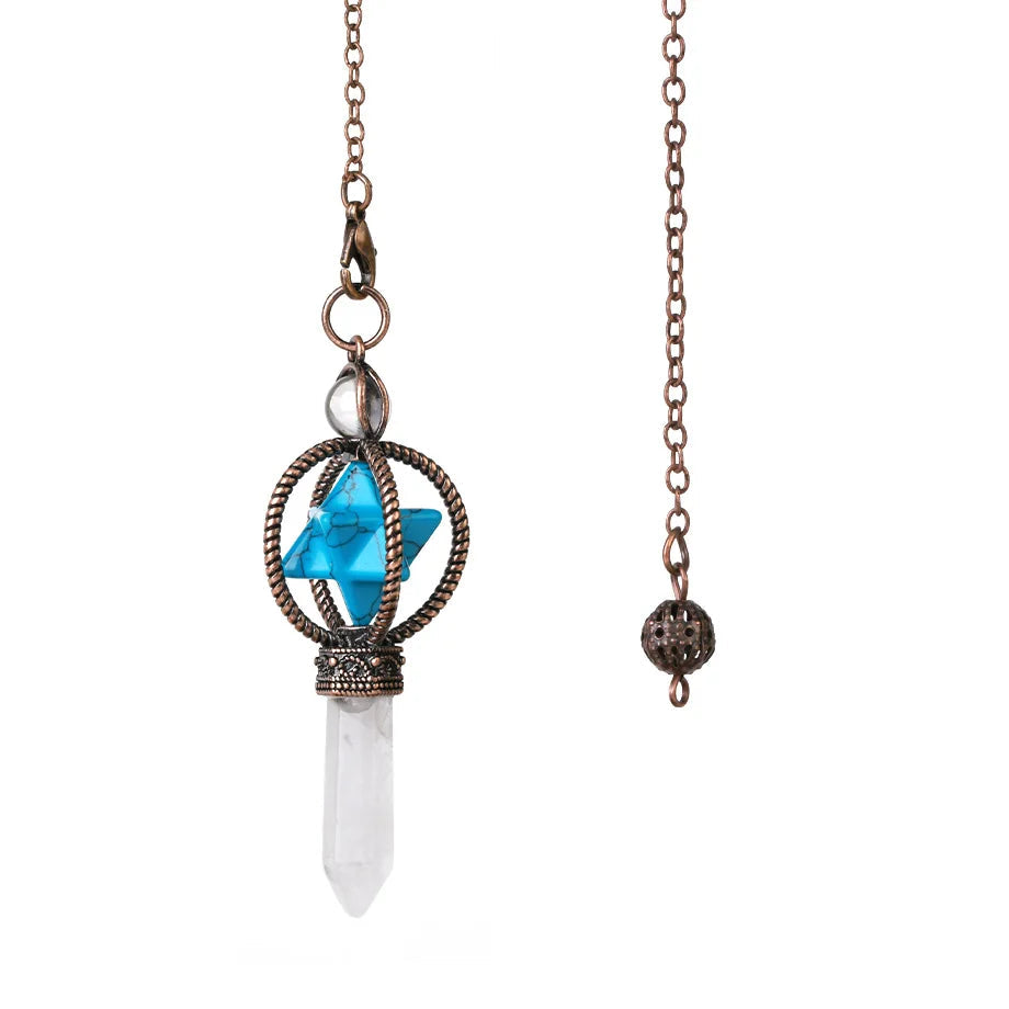 Necklace with blue gemstone, clear crystal, and bronze elements on a white background