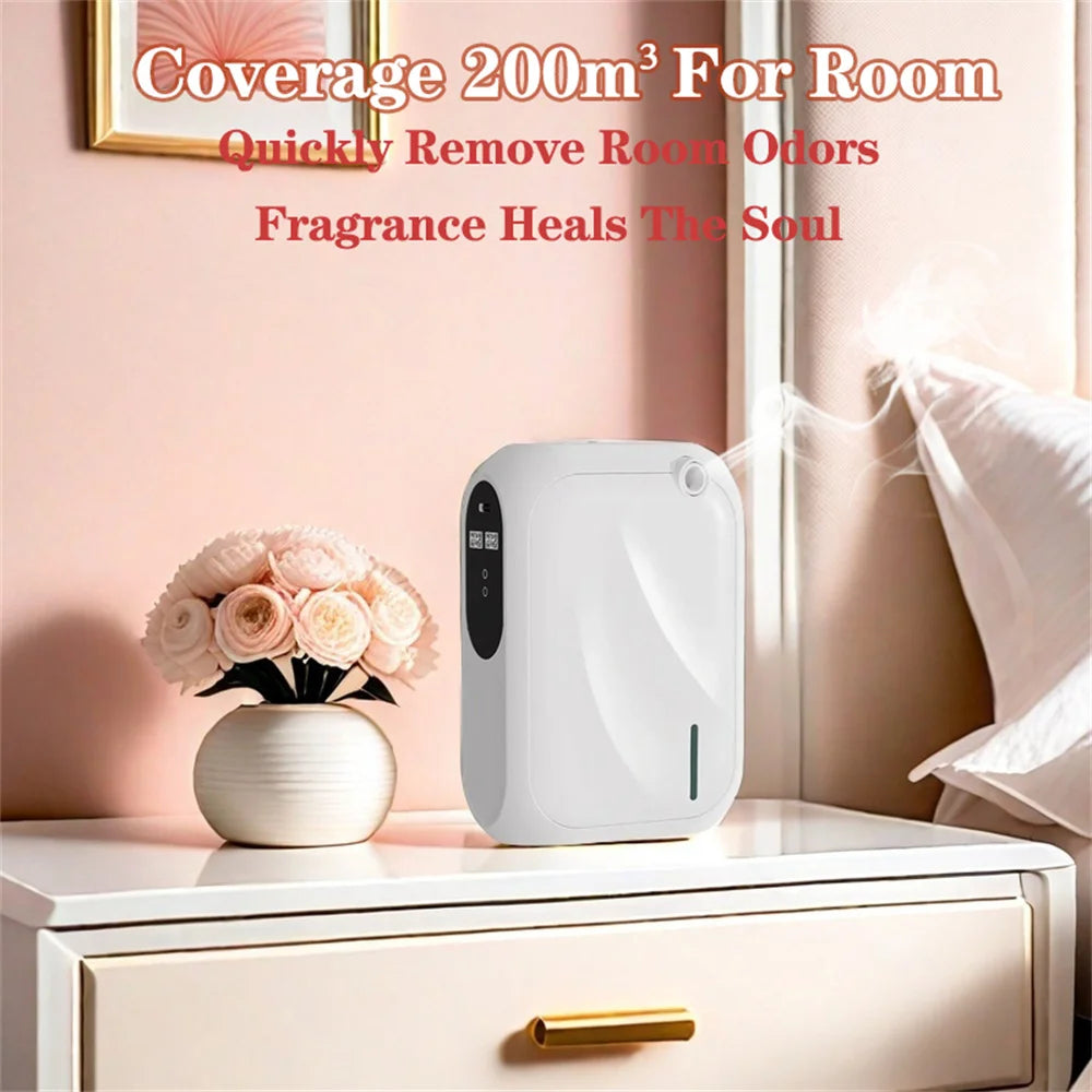 White air purifier on a nightstand with decorative flowers and pillows in the background.