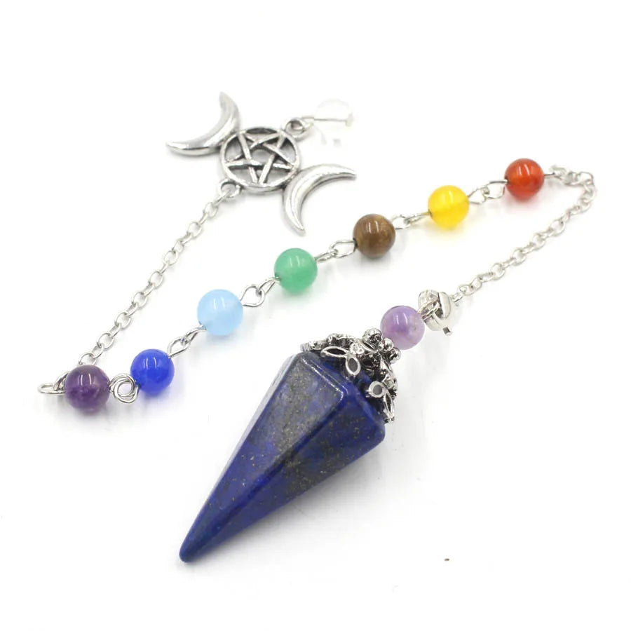 Necklace with a blue pendant and colorful beads on a white background